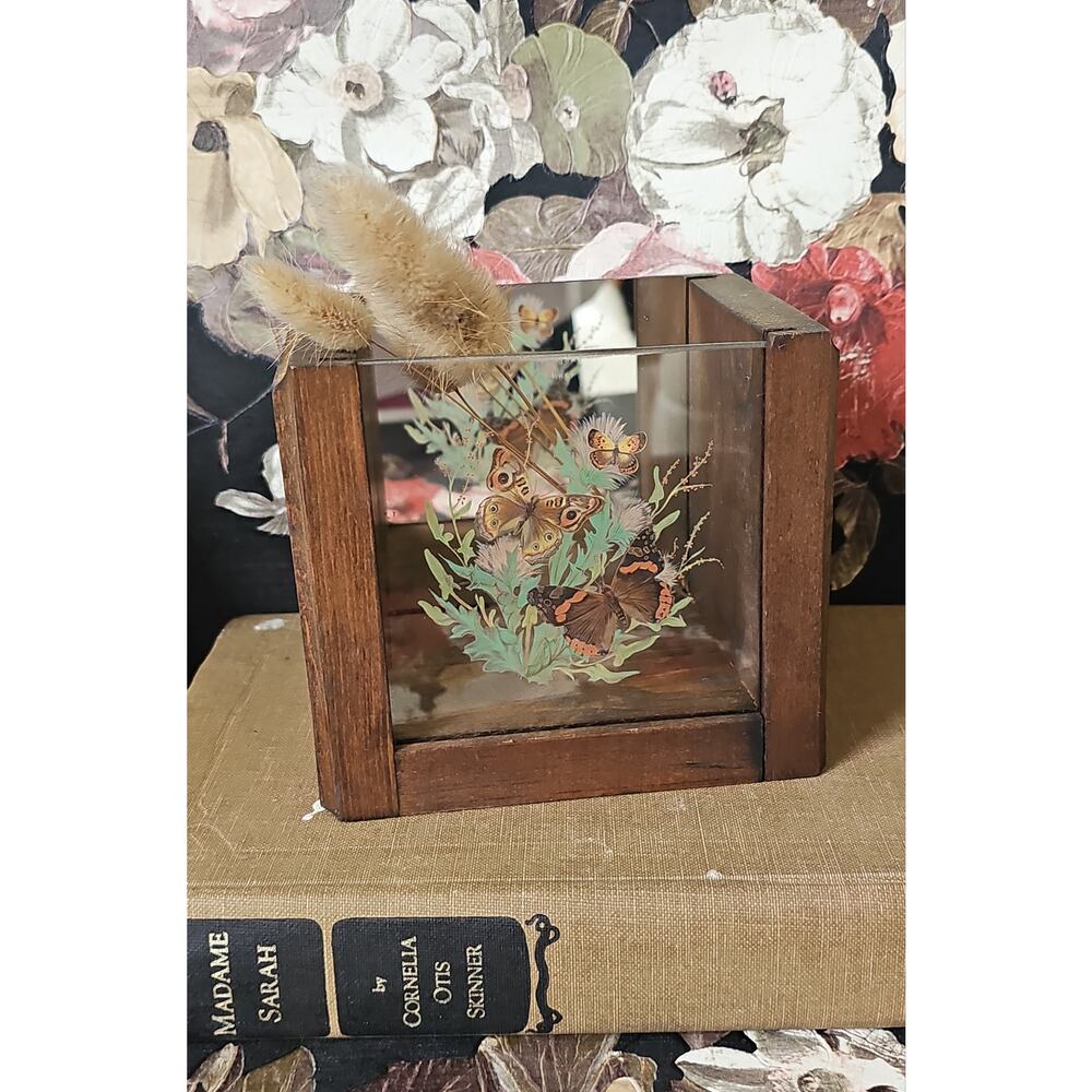 Vintage Butterfly Reverse Glass Painting Cube Wooden Shadowbox Vase Catch All